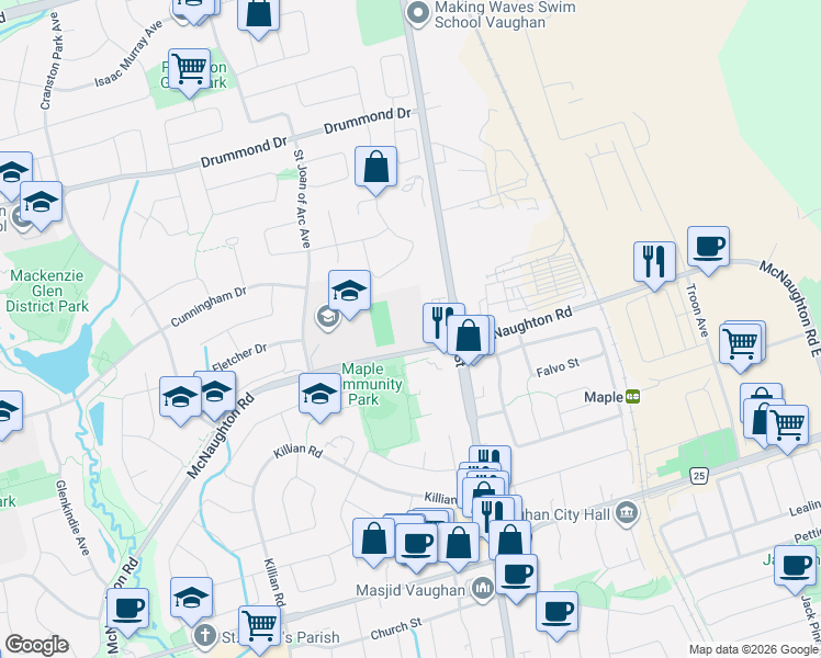map of restaurants, bars, coffee shops, grocery stores, and more near 20 McNaughton Road in Vaughan