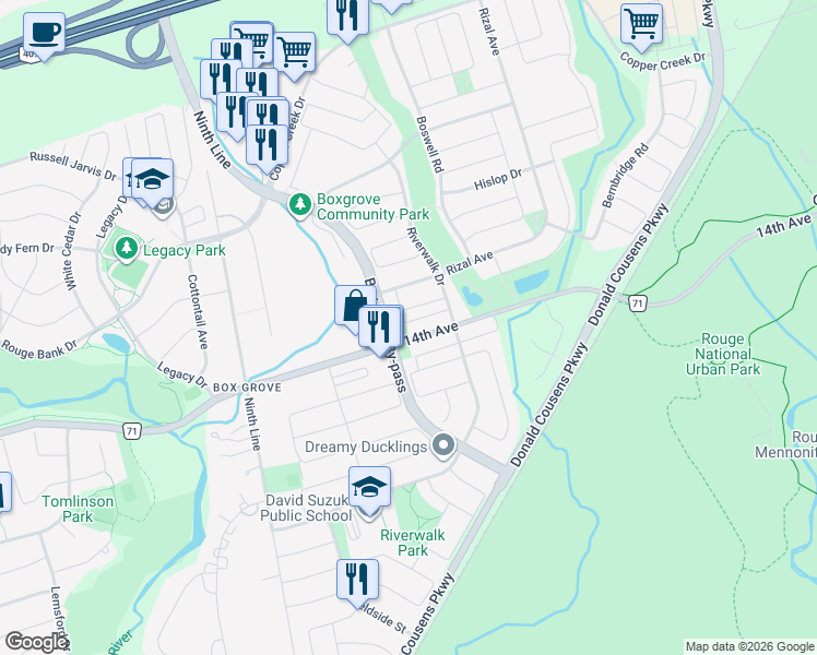 map of restaurants, bars, coffee shops, grocery stores, and more near 6926 14th Avenue in Markham