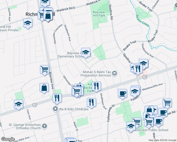 map of restaurants, bars, coffee shops, grocery stores, and more near 70 Strathearn Avenue in Richmond Hill