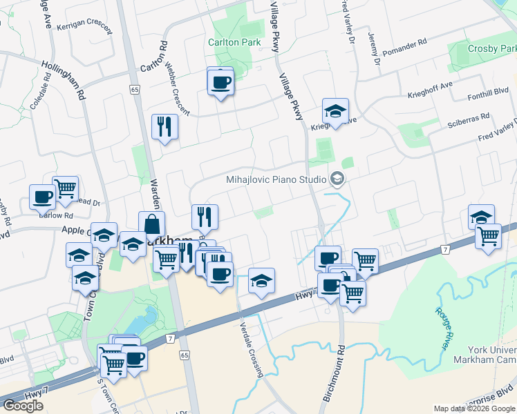 map of restaurants, bars, coffee shops, grocery stores, and more near 56 Braeside Square in Markham
