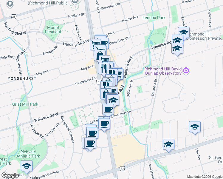 map of restaurants, bars, coffee shops, grocery stores, and more near 9625 Yonge Street in Richmond Hill