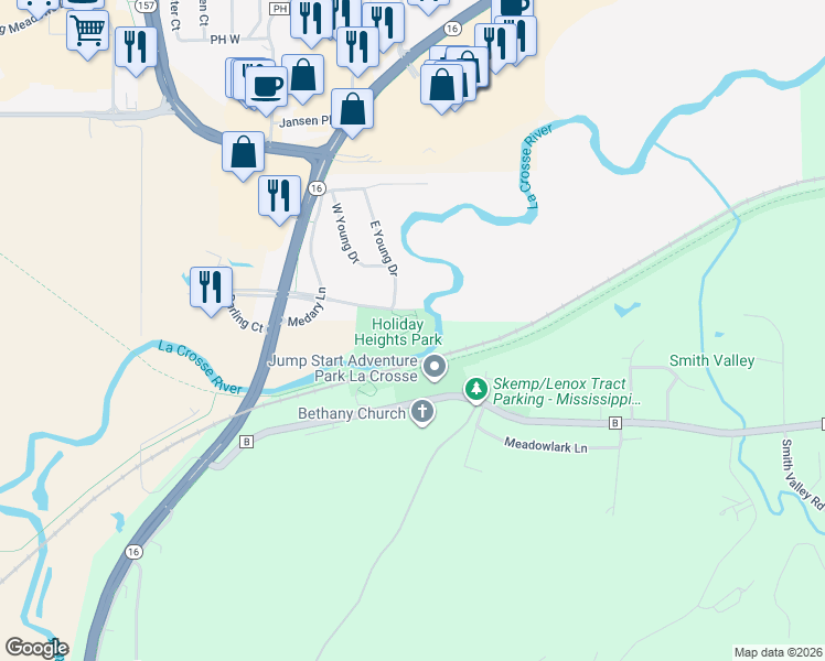 map of restaurants, bars, coffee shops, grocery stores, and more near 1600 Medary Lane in Onalaska