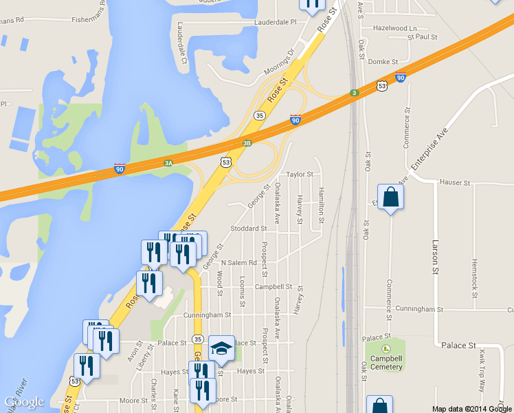 map of restaurants, bars, coffee shops, grocery stores, and more near 2733 Prospect Street in La Crosse