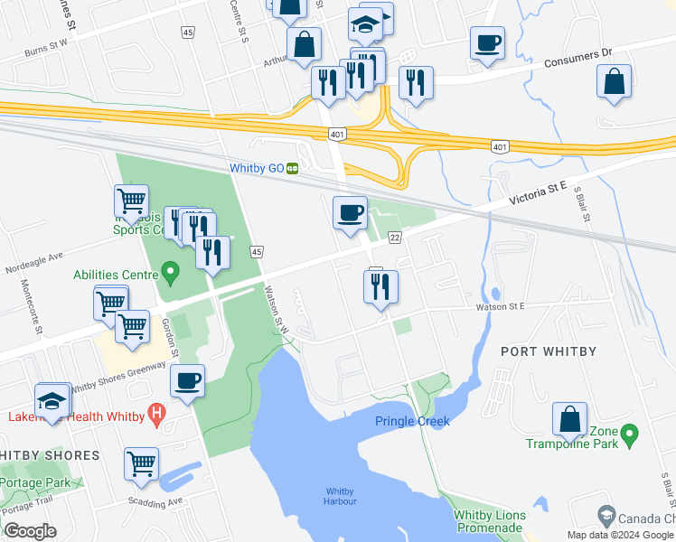map of restaurants, bars, coffee shops, grocery stores, and more near 1605 Victoria Quay in Whitby