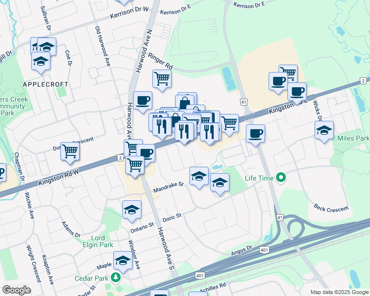 map of restaurants, bars, coffee shops, grocery stores, and more near 65 Kingston Road East in Ajax