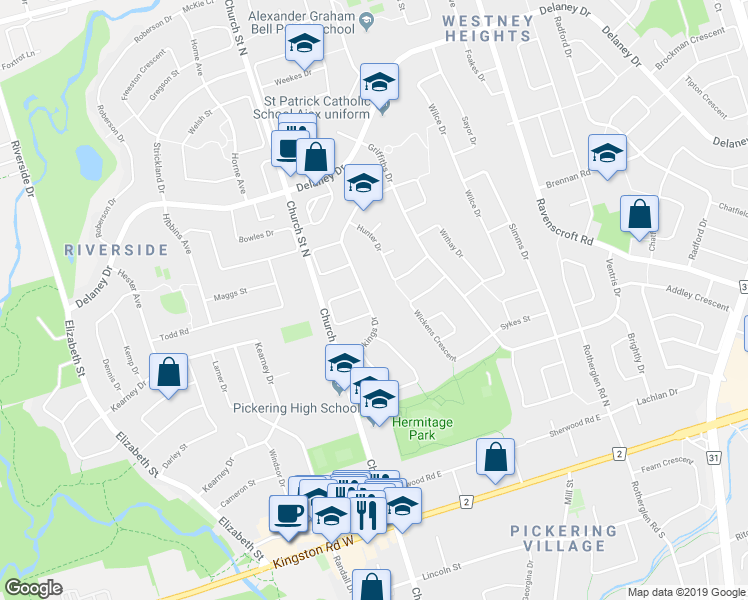 map of restaurants, bars, coffee shops, grocery stores, and more near 25 Meekings Drive in Ajax