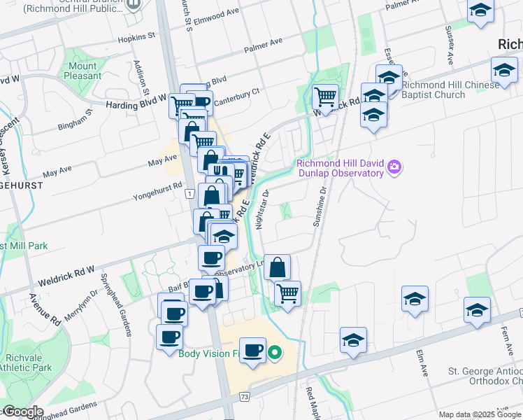 map of restaurants, bars, coffee shops, grocery stores, and more near 50 Nightstar Drive in Richmond Hill