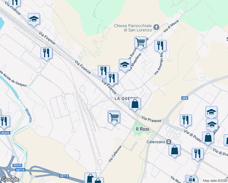 map of restaurants, bars, coffee shops, grocery stores, and more near 405 Via Firenze in Prato
