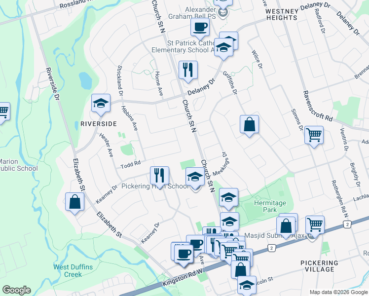 map of restaurants, bars, coffee shops, grocery stores, and more near in Ajax