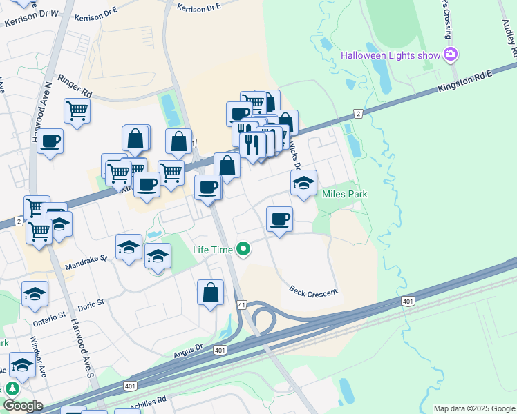 map of restaurants, bars, coffee shops, grocery stores, and more near 37 Allard Avenue in Ajax