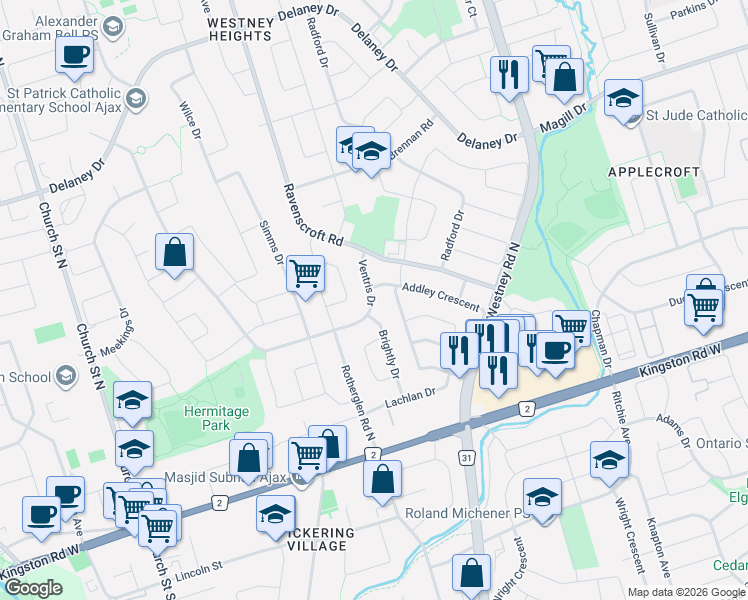 map of restaurants, bars, coffee shops, grocery stores, and more near 27 Ventris Drive in Ajax