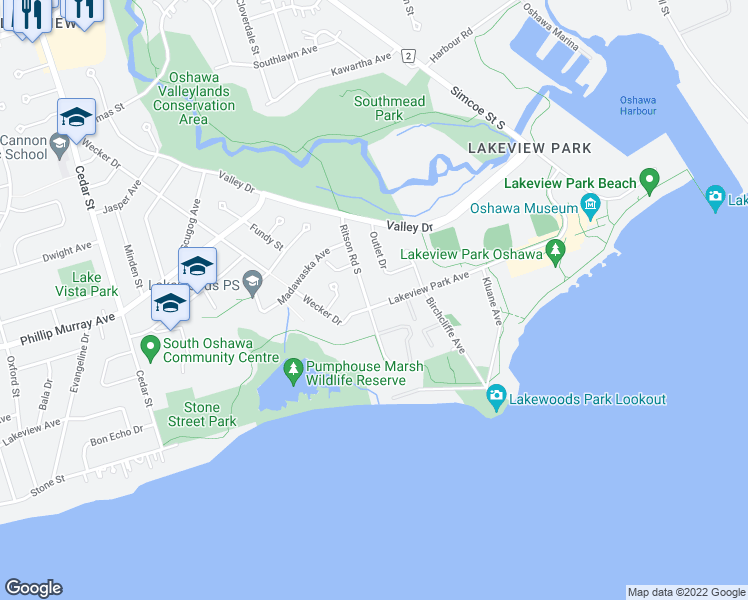 map of restaurants, bars, coffee shops, grocery stores, and more near 1467 Ritson Road South in Oshawa