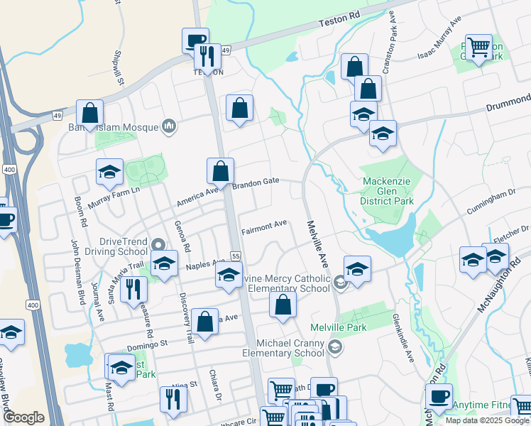 map of restaurants, bars, coffee shops, grocery stores, and more near 49 Haymer Drive in Vaughan