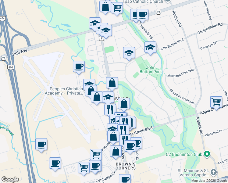 map of restaurants, bars, coffee shops, grocery stores, and more near 8985 Woodbine Avenue in Markham