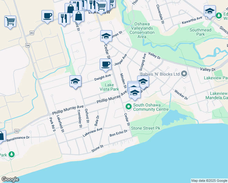 map of restaurants, bars, coffee shops, grocery stores, and more near 443 Emerald Avenue in Oshawa