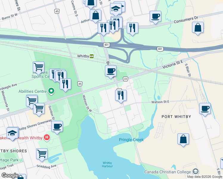 map of restaurants, bars, coffee shops, grocery stores, and more near 1605 Charles Street in Whitby