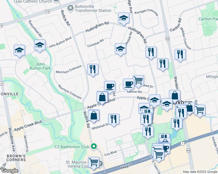 map of restaurants, bars, coffee shops, grocery stores, and more near 1 Ellingwood Court in Markham