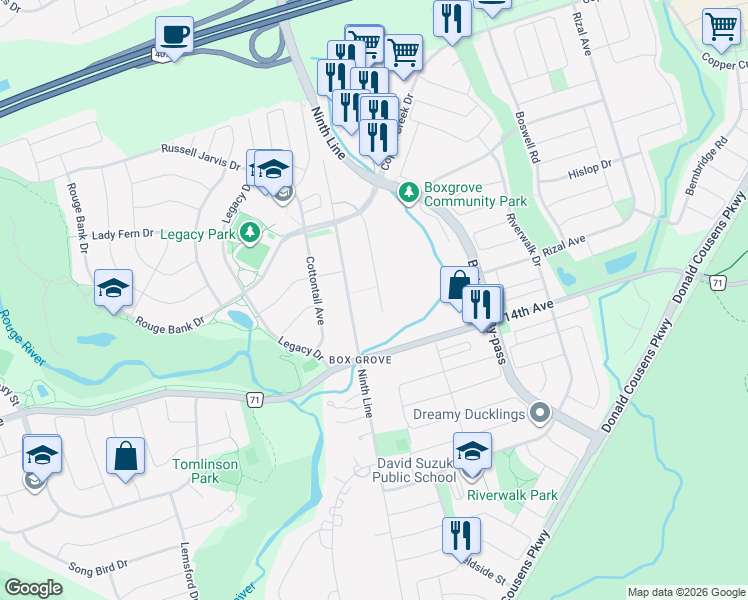 map of restaurants, bars, coffee shops, grocery stores, and more near 40 Pagnello Court in Markham