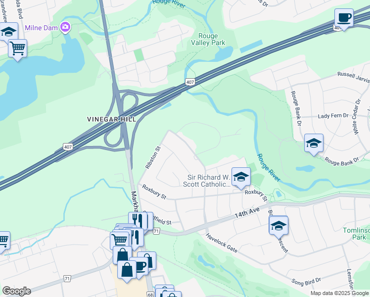 map of restaurants, bars, coffee shops, grocery stores, and more near 65 Chatelaine Drive in Markham