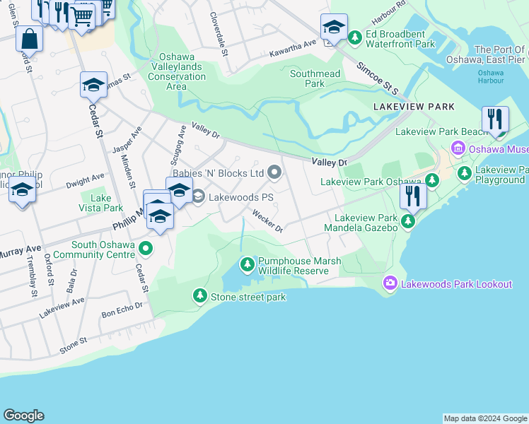 map of restaurants, bars, coffee shops, grocery stores, and more near in Oshawa