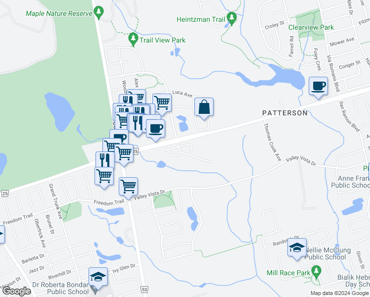 map of restaurants, bars, coffee shops, grocery stores, and more near 1331 Major Mackenzie Drive West in Vaughan