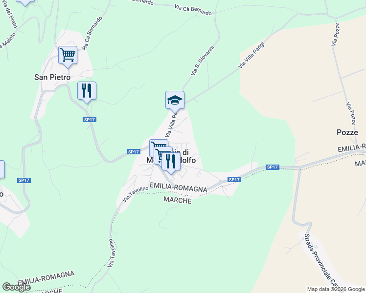 map of restaurants, bars, coffee shops, grocery stores, and more near 8E Via G. R. Norton in Trebbio di Montegridolfo
