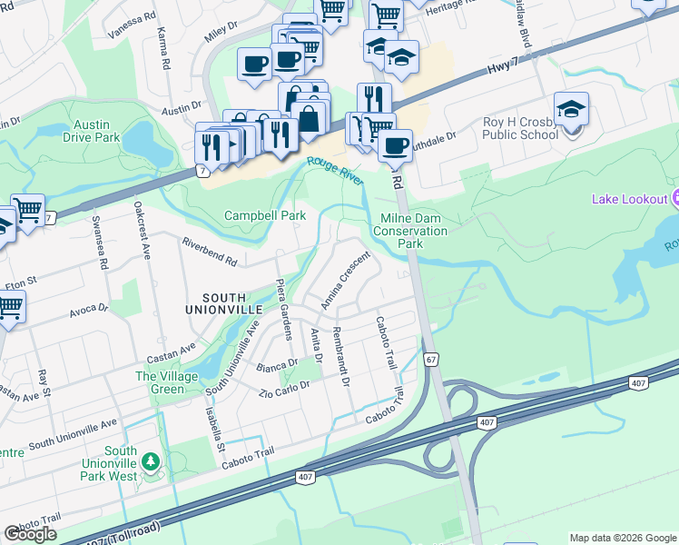 map of restaurants, bars, coffee shops, grocery stores, and more near 97 Annina Crescent in Markham