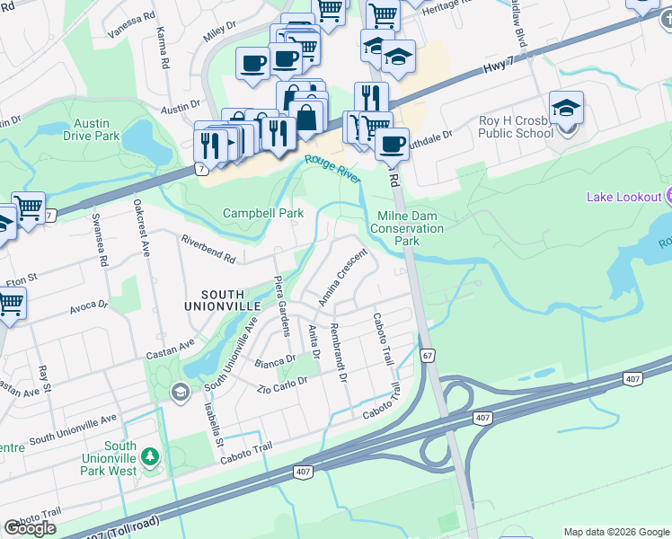 map of restaurants, bars, coffee shops, grocery stores, and more near 97 Annina Crescent in Markham