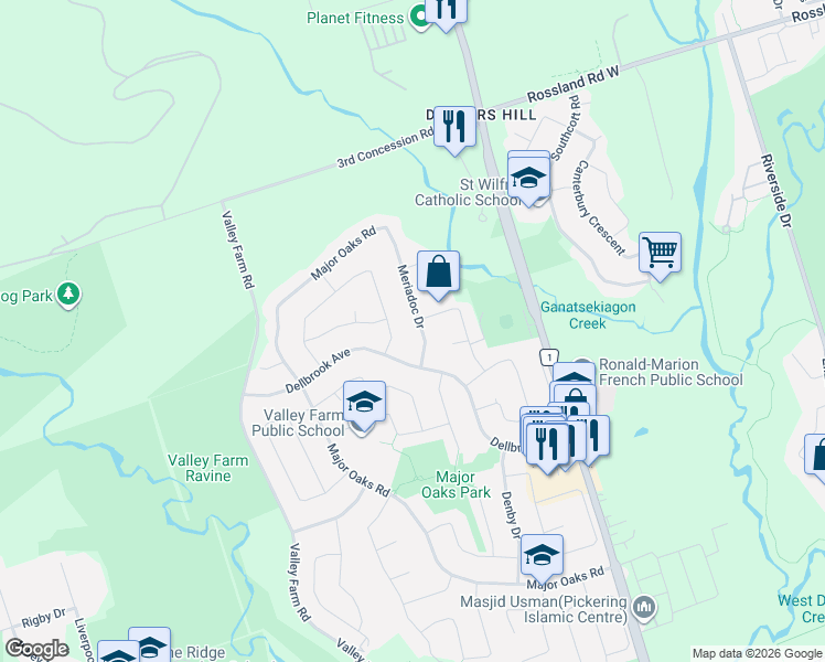 map of restaurants, bars, coffee shops, grocery stores, and more near 2154 Blue Ridge Crescent in Pickering