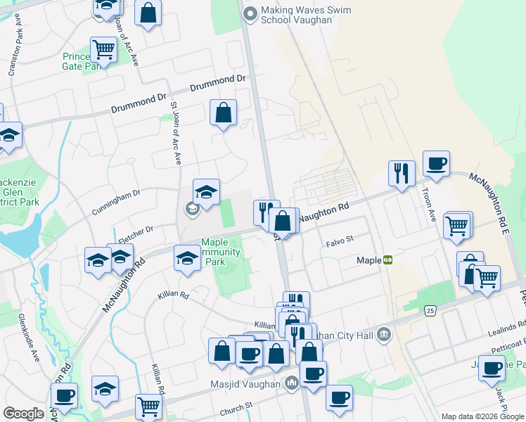 map of restaurants, bars, coffee shops, grocery stores, and more near 39 Seacoasts Circle in Vaughan