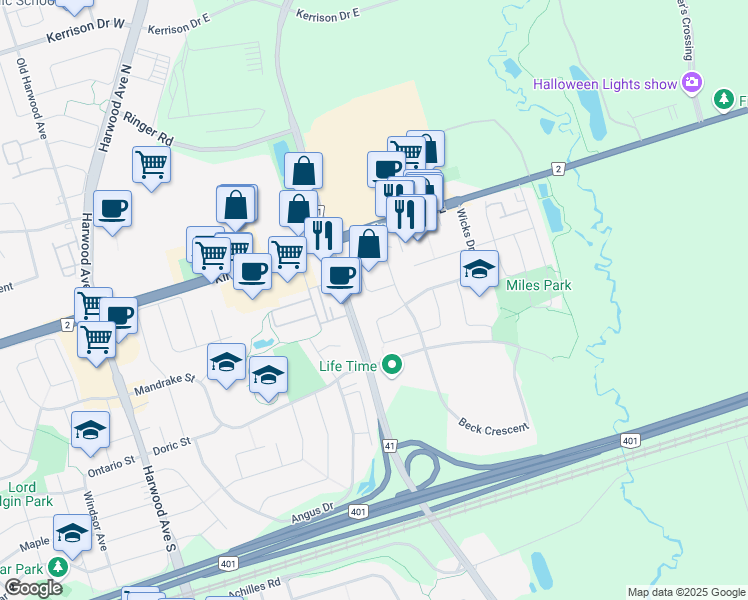 map of restaurants, bars, coffee shops, grocery stores, and more near 86 Tams Drive in Ajax