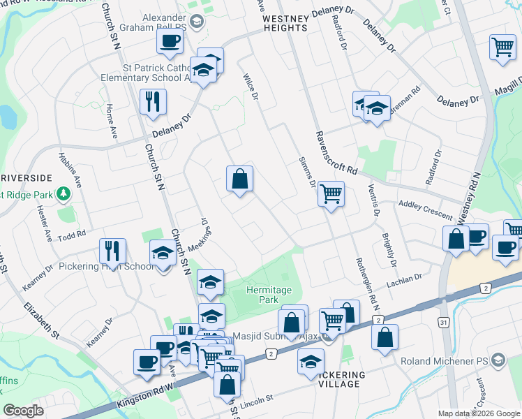 map of restaurants, bars, coffee shops, grocery stores, and more near 41 Griffiths Drive in Ajax