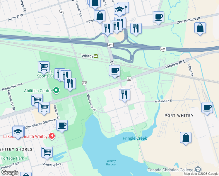 map of restaurants, bars, coffee shops, grocery stores, and more near Charles Street in Whitby