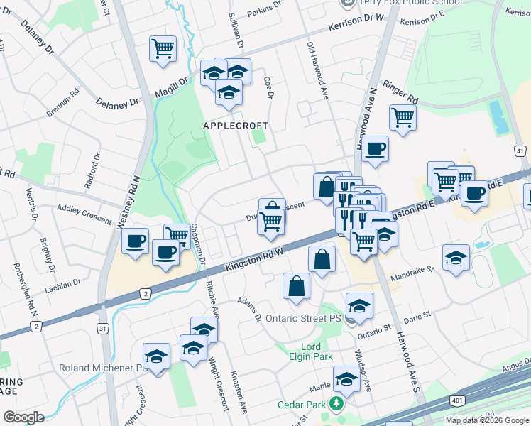 map of restaurants, bars, coffee shops, grocery stores, and more near Ducatel Crescent in Ajax