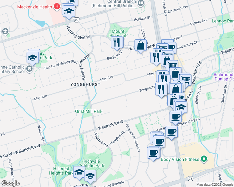 map of restaurants, bars, coffee shops, grocery stores, and more near 74 Yongehurst Road in Richmond Hill