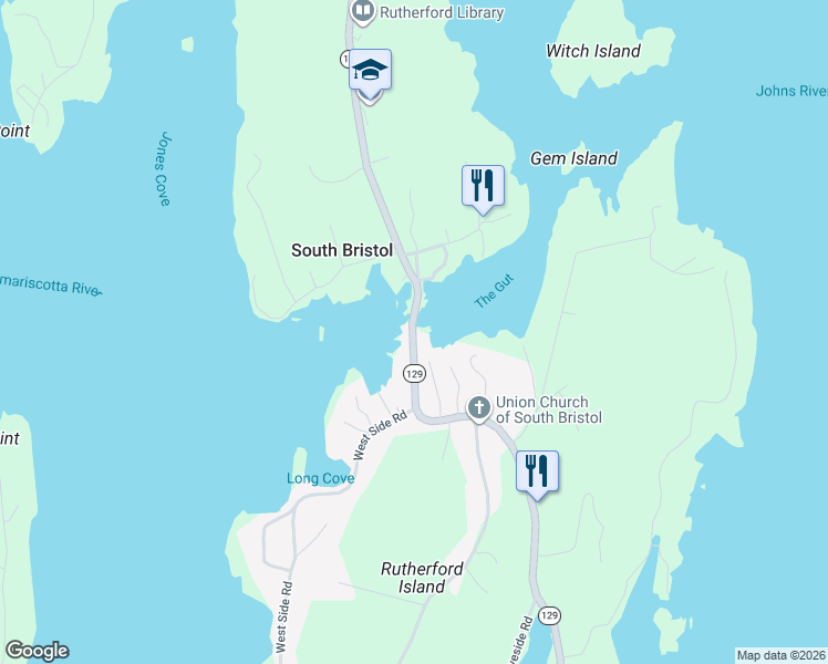 map of restaurants, bars, coffee shops, grocery stores, and more near 2120 Maine 129 in South Bristol