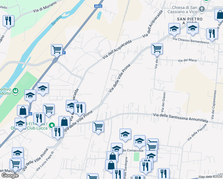 map of restaurants, bars, coffee shops, grocery stores, and more near 1502 Via delle Ville Prima in Lucca