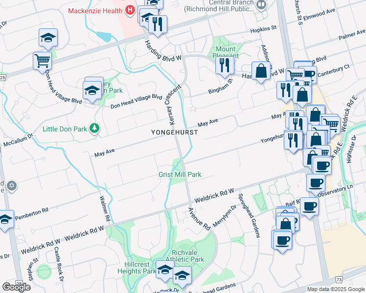 map of restaurants, bars, coffee shops, grocery stores, and more near 45 Kersey Crescent in Richmond Hill