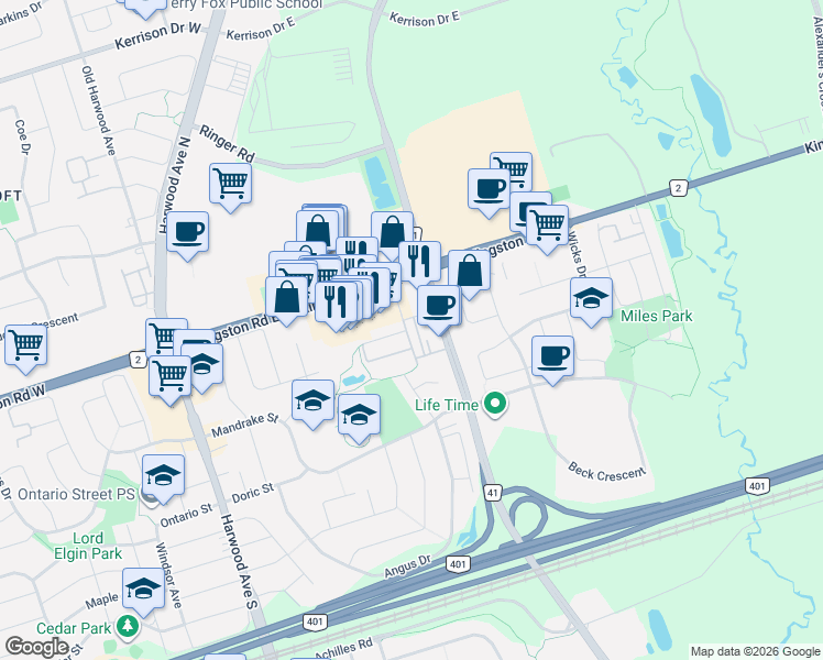 map of restaurants, bars, coffee shops, grocery stores, and more near 70 Lovegrove Lane in Ajax