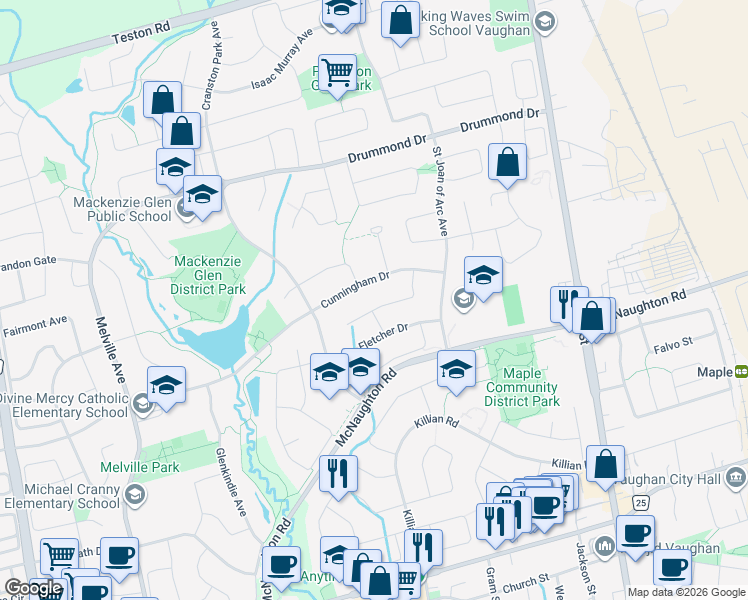 map of restaurants, bars, coffee shops, grocery stores, and more near 70 Robertson Close in Vaughan