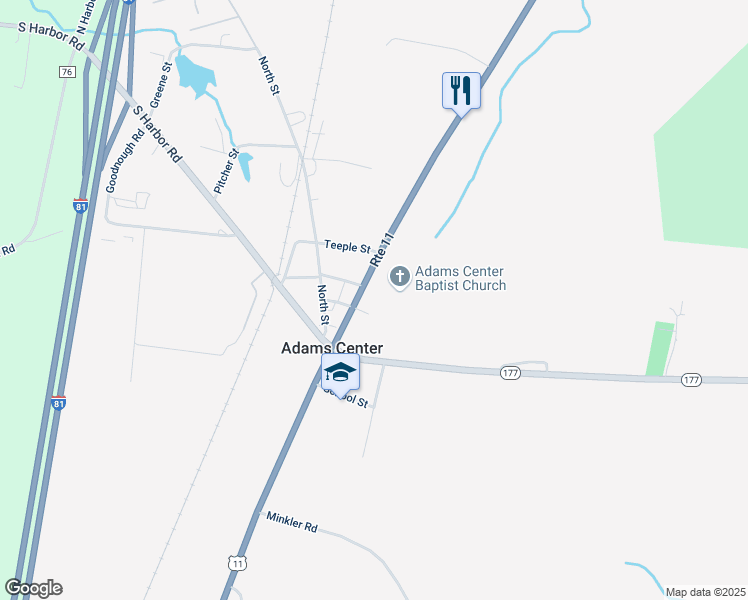map of restaurants, bars, coffee shops, grocery stores, and more near Bailey Street in Adams Center