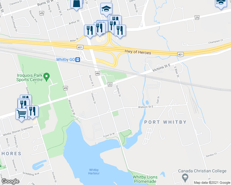 map of restaurants, bars, coffee shops, grocery stores, and more near 1526 Dufferin Street in Whitby