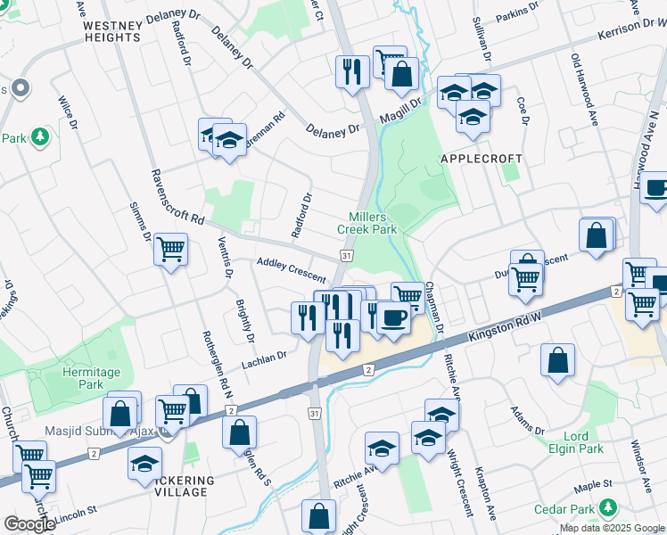 map of restaurants, bars, coffee shops, grocery stores, and more near in Ajax