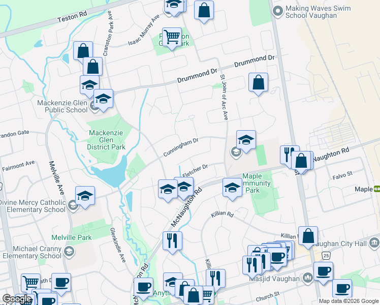 map of restaurants, bars, coffee shops, grocery stores, and more near 70 Robertson Close in Vaughan
