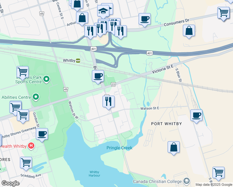 map of restaurants, bars, coffee shops, grocery stores, and more near 1526 Dufferin Street in Whitby