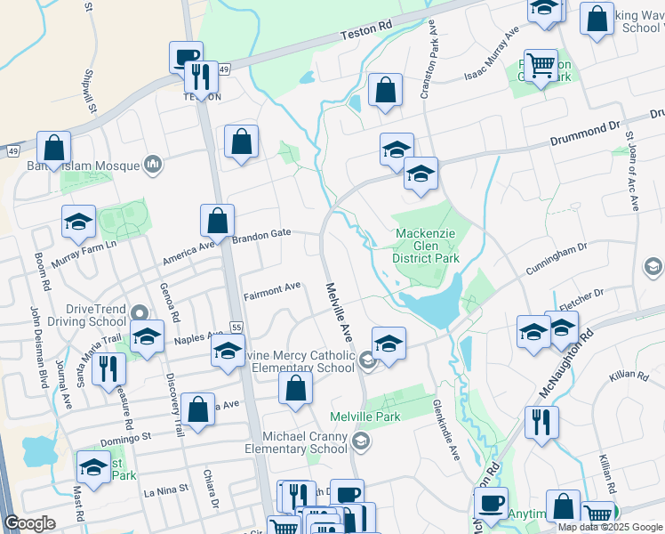 map of restaurants, bars, coffee shops, grocery stores, and more near 403 Melville Avenue in Vaughan