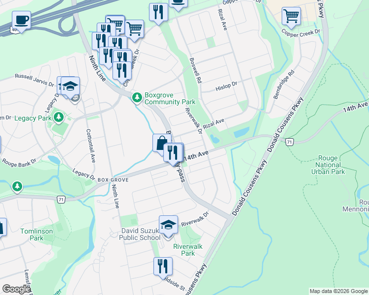 map of restaurants, bars, coffee shops, grocery stores, and more near 31 Radmore Place in Markham