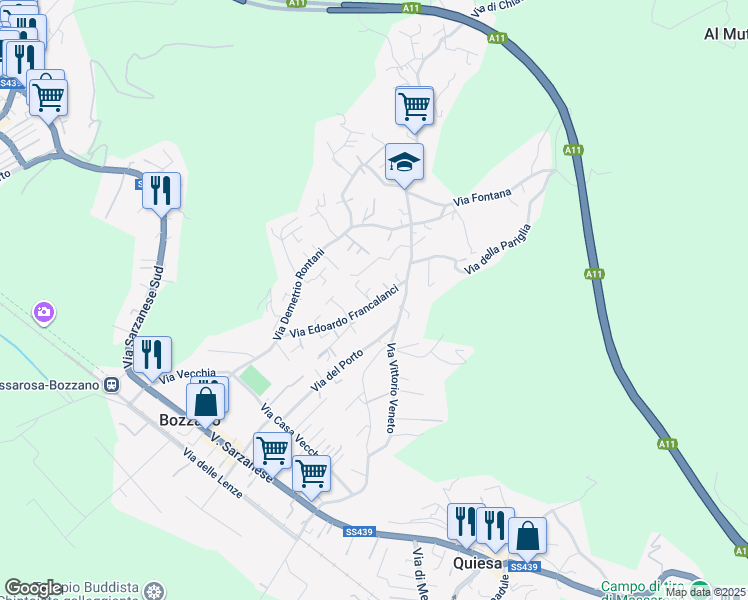 map of restaurants, bars, coffee shops, grocery stores, and more near 347 Via Edoardo Francalanci in Bozzano