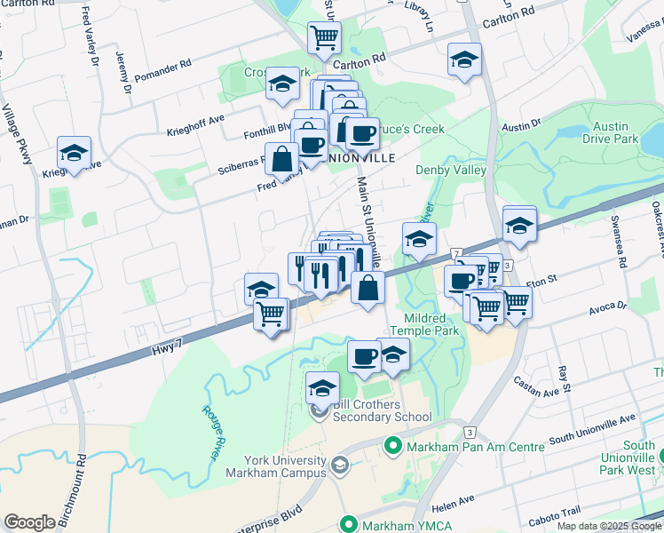 map of restaurants, bars, coffee shops, grocery stores, and more near 15 Pavillion Street in Markham
