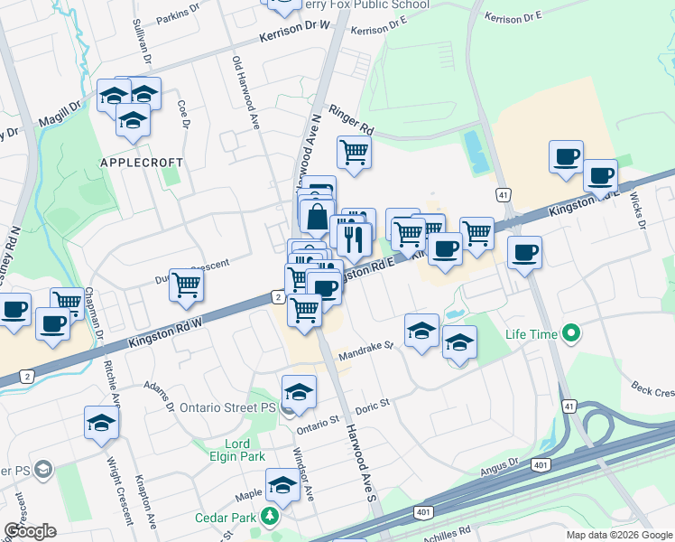 map of restaurants, bars, coffee shops, grocery stores, and more near 38 Gilmour Drive in Ajax